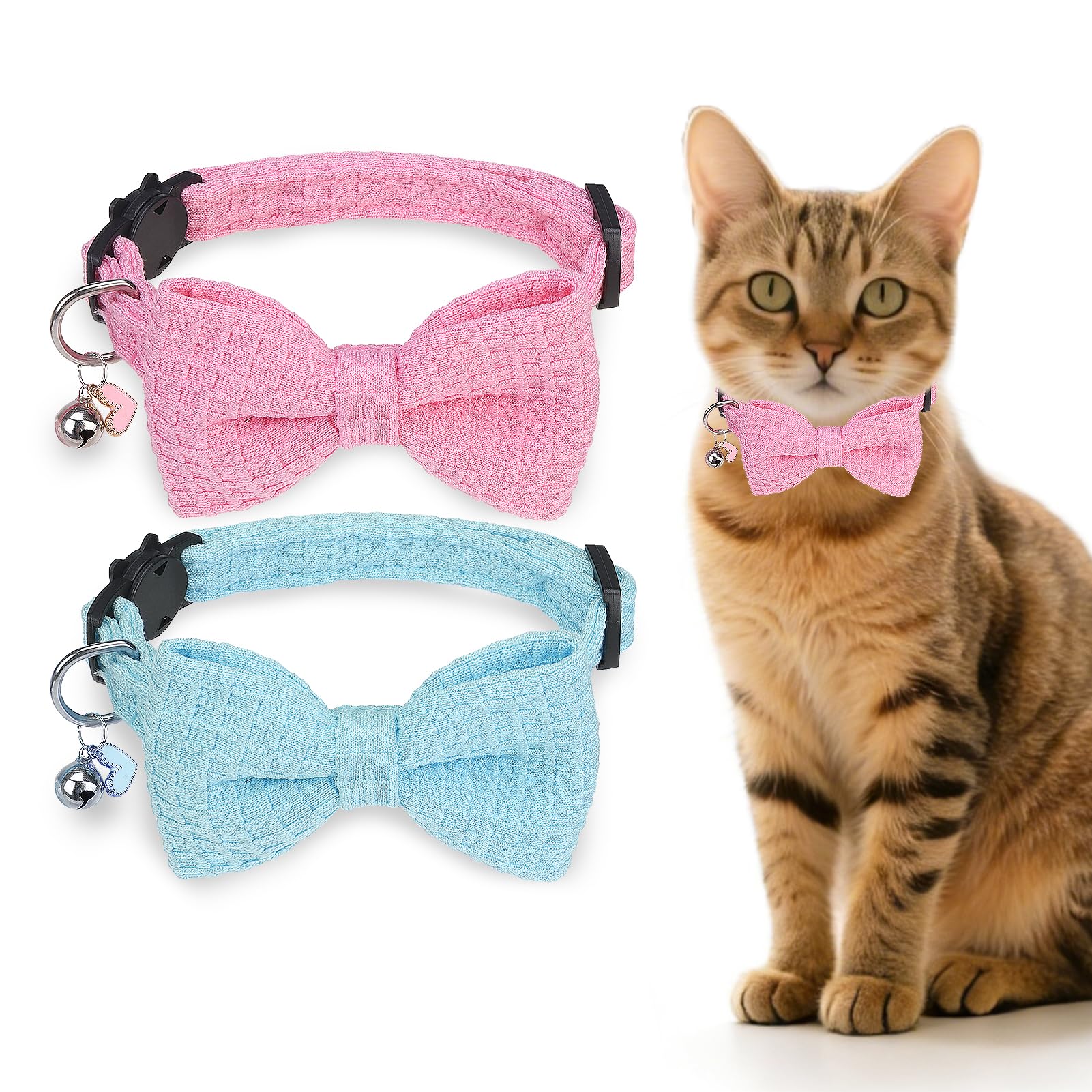 DILLYBUD Cat Collar Breakaway with Bells, Soft Cotton Pink Cat Bowtie Collar for Girl Cats, Small Cats Collar with Bow for Spring Summer, 2 Pack Cute Kitten Collars with Removable Bowtie 8-12Inch