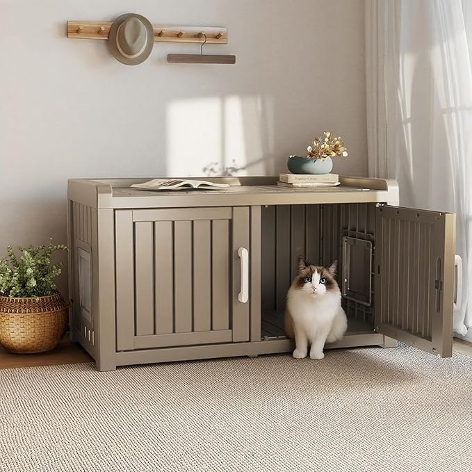 KFY Cat Litter Box Enclosure Resin Hidden Cat Litter Box Furniture Multi-Functional Double Door Spacious Odorless Waterproof UV-Resistant Indoor Outdoor Use Grey