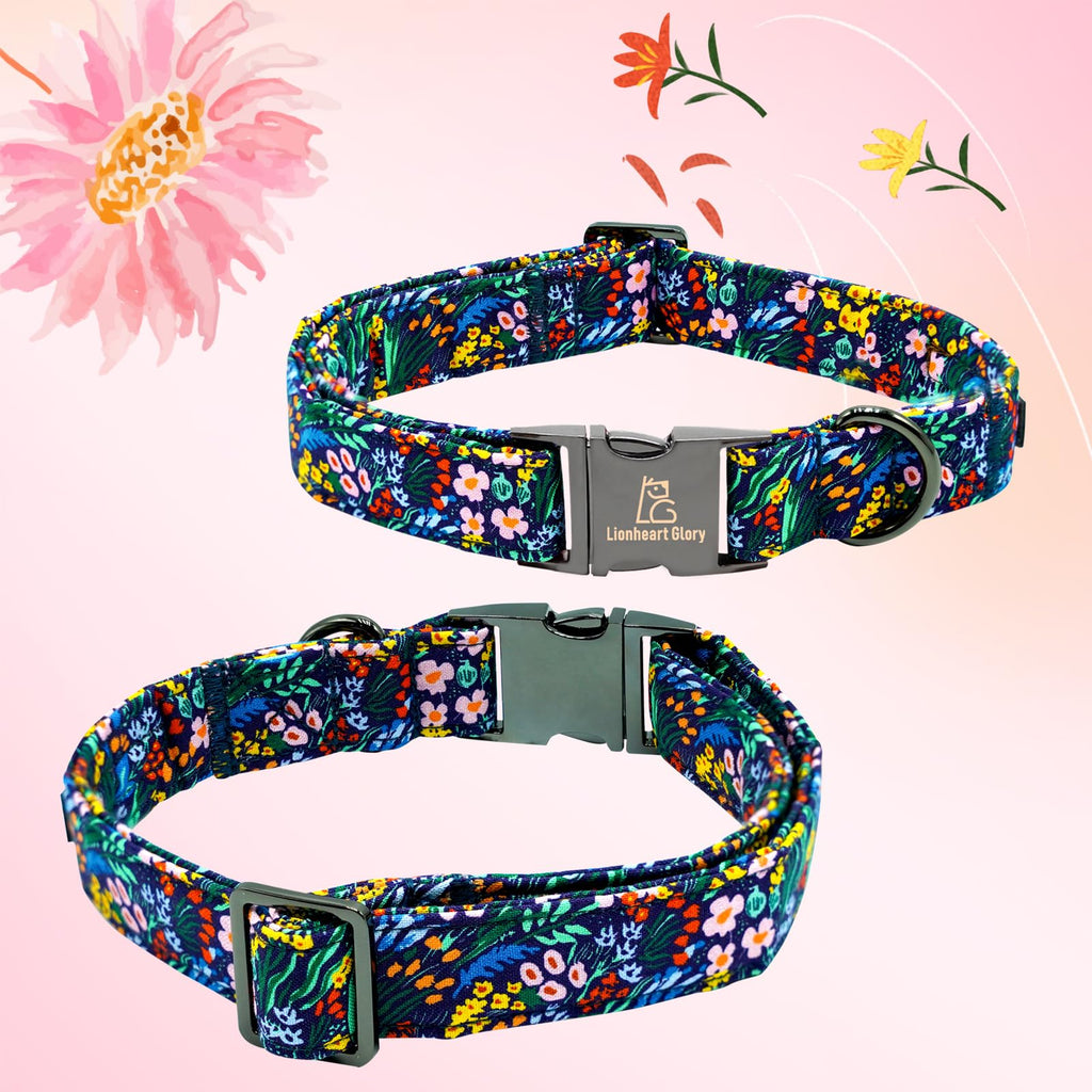 Lionheart Glory Floral Dog Bow Collar - Dark Blue, Adjustable, Durable for Small Dogs