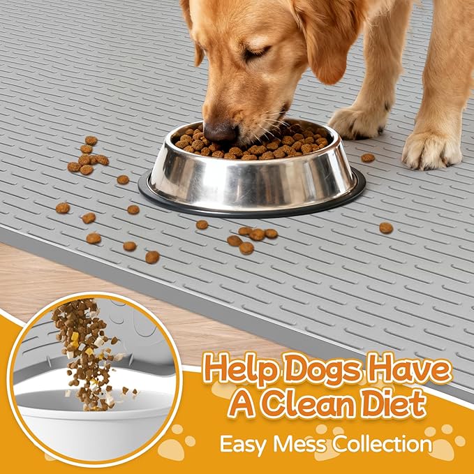 Lanstics Dog Food Mat 40" x 28" Large Silicone Mat with Raised Edge Gray