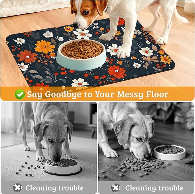 Floral Black Feeding Mat, Absorbent Quick-Dry Cat Dog Food and Water Bowl Mats,Non-Slip Rubber Backing Mat,Cat Dog Accessories Supplies 12" x 20"