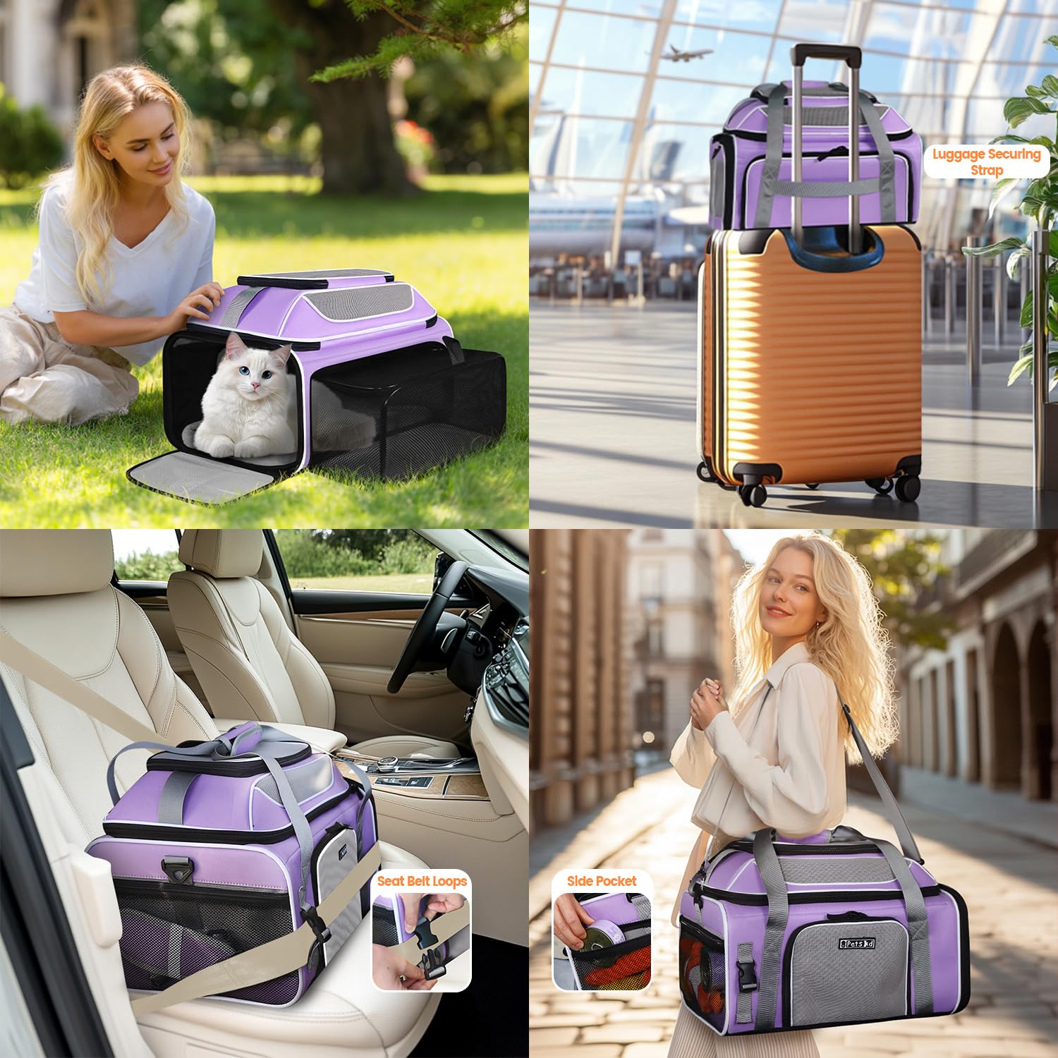 Petskd Top and Side Expandable Pet Carrier Airline Approved, Purple
