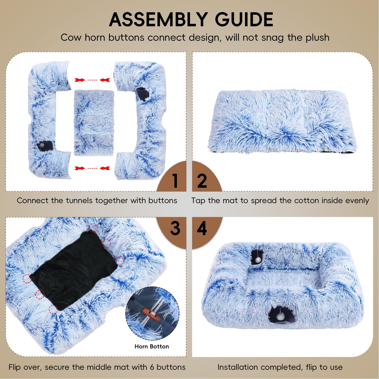 Extra Large Cat Tunnel Bed, 4 Ways Tunnels for Indoor Cats, Multi-cat Family Pet Bed & Cave, Plush Cat Donut with Washable Middle Mat, Exit Balls, Pet Play Toy for Kitten Puppy Rabbit, Blue