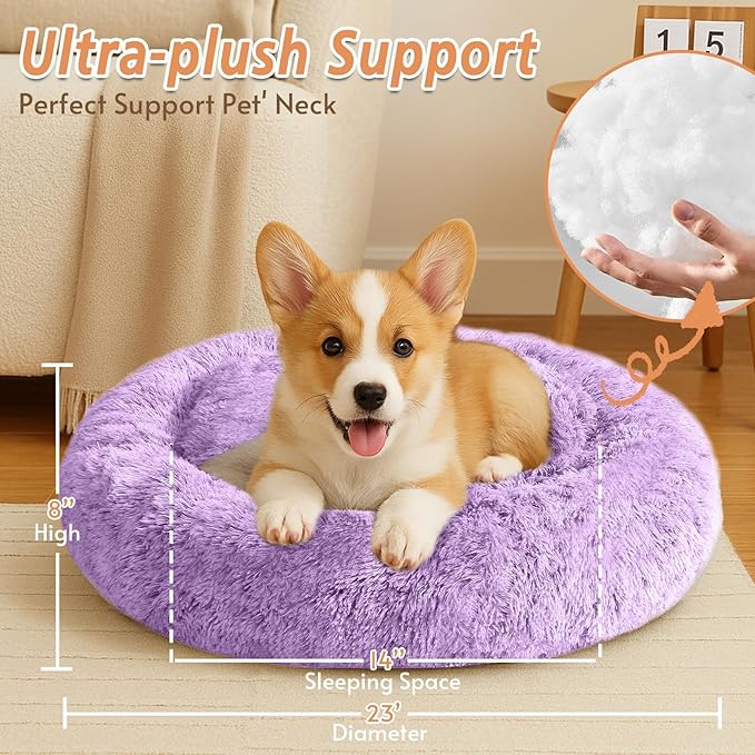 JOLLYVOGUE Calming Dog Bed for Small Dogs - 23 inches Donut Washable Small Dog Bed for Kittens & Puppies, Anti-Slip Round Fluffy Plush Faux Fur Cat Beds (Fits up to 25 lbs Pets, Purple)