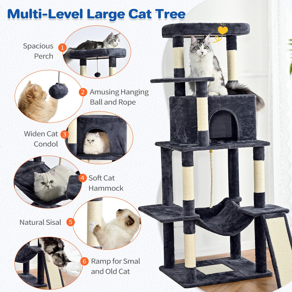 ABCPET 63" Multi-Level Cat Tree Tower for Indoor Cats, Dark Grey