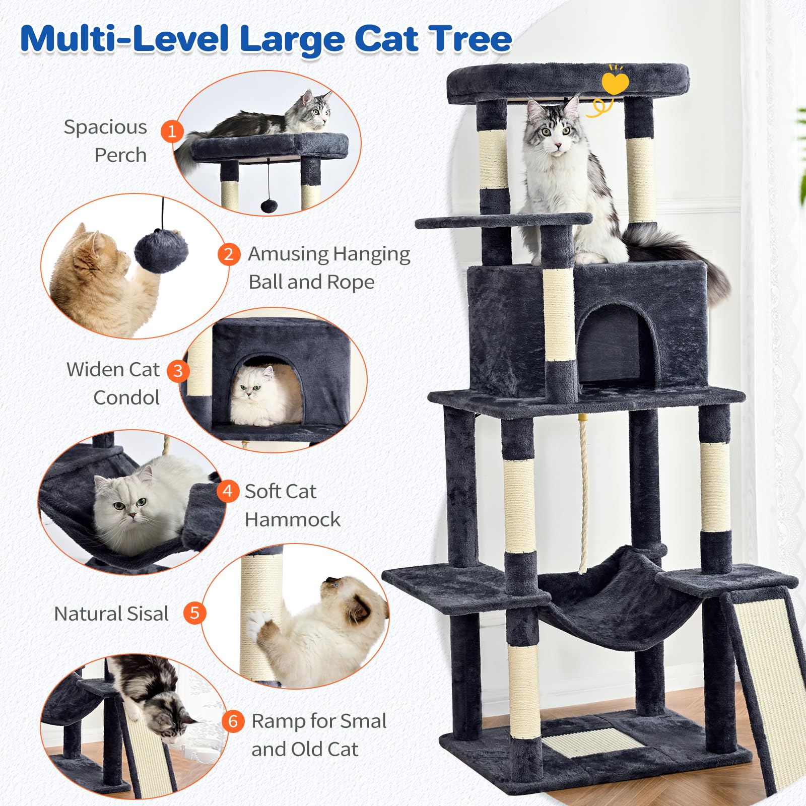 ABCPET 63" Multi-Level Cat Tree Tower for Indoor Cats, Dark Grey
