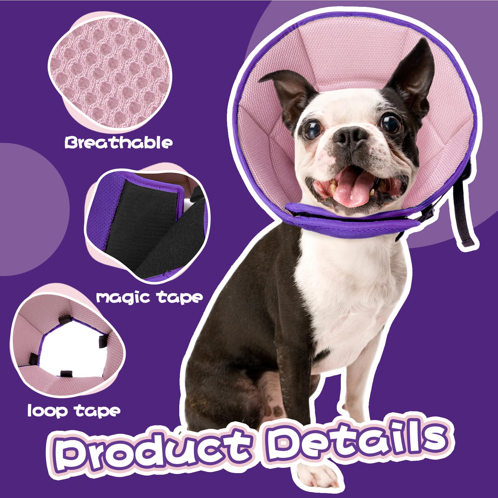 Allroaring Adjustable Dog Cone for Spay, Comfy Recovery Collar Purple L