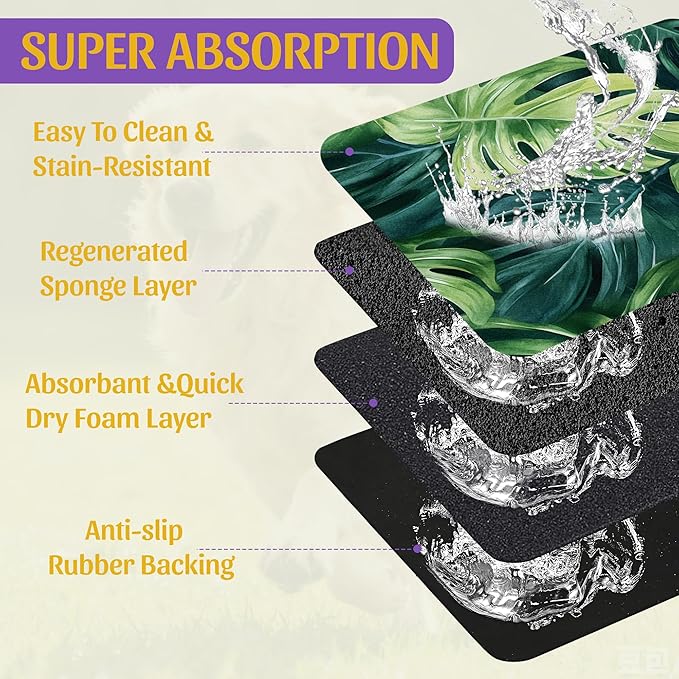 Tropical Palm Leaves Pet Feeding Mat, Absorbent Quick-Dry Dog Cat Bowl Mat, Non-Slip Bottom, Indoor Use – 12x20 Inch