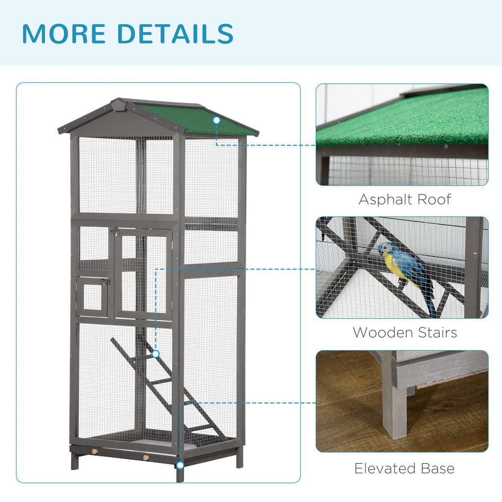 PawHut 65" Wooden Bird Cage Outdoor Aviary House for Parrot, Parakeet, with Pull Out Tray and 2 Doors, Grey