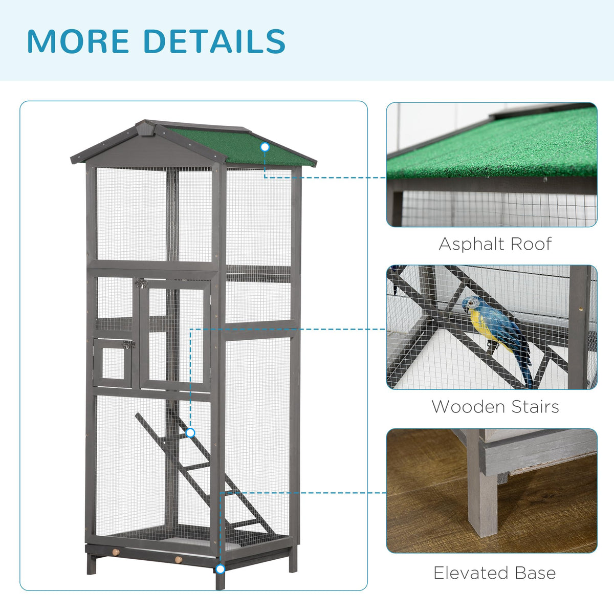 PawHut 65" Wooden Bird Cage Outdoor Aviary House for Parrot, Parakeet, with Pull Out Tray and 2 Doors, Grey