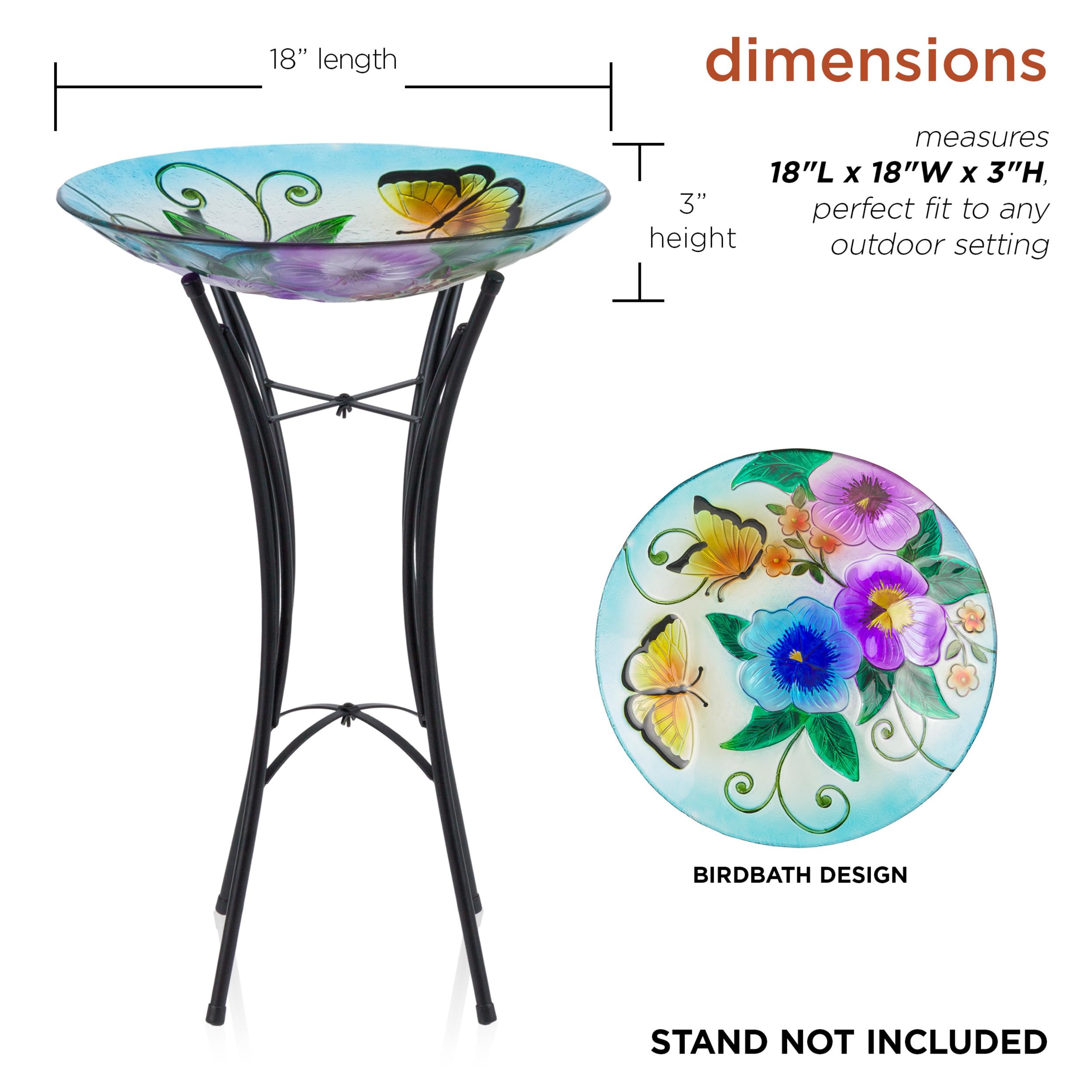 Alpine Corporation 18" Glass Birdbath Topper with Colorful Butterfly and Flowers