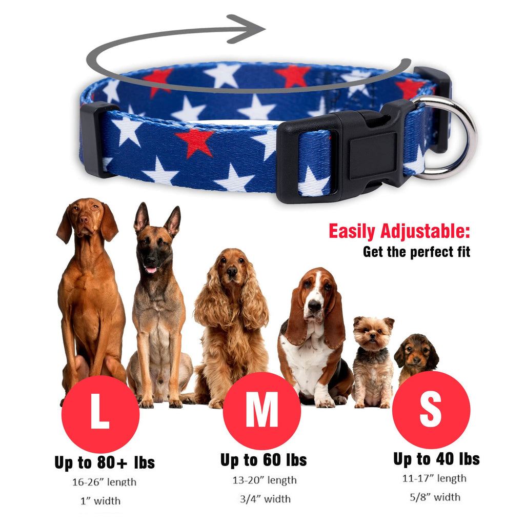 Native Pup American Flag Dog Collar- Red White and Blue- Patriotic Collars for 4th of July, USA- Adjustable Small, Medium, Large Breed Dogs (Small, Red & White Stars)