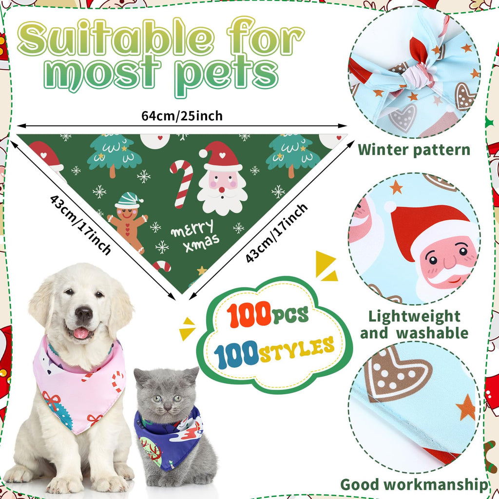 Huhumy 100 Pcs Christmas Dog Bandanas Bulk Pet Bibs Colorful Triangle Scarf Xmas Pet Bandanas for Medium Large Dogs Christmas Party Xmas Costume Decor