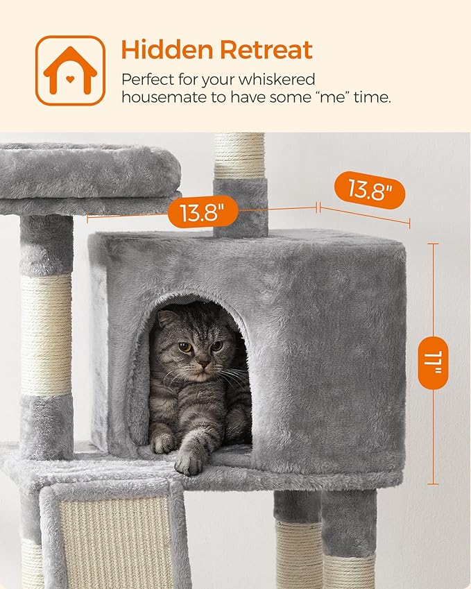 Feandrea Cat Tree, 45.3-Inch Cat Tower, Cat Scratching Post, Light Gray