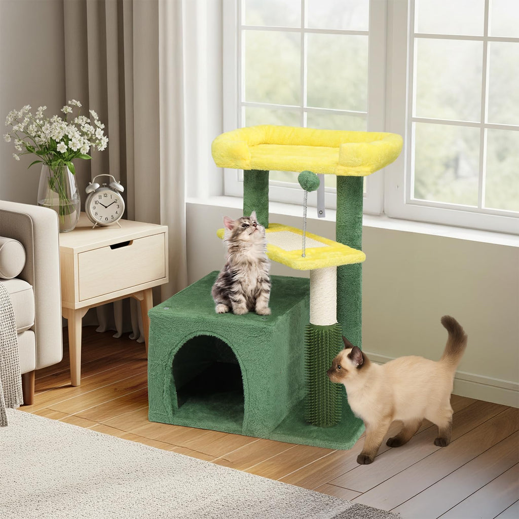VINGLI Cat Tree, 27 inch Small Cat Tower with Scratching Post and Pad, Cat Condo for Indoor Kittens Padded Top Bed, Cats Indoor Activity Center (Yellow & Green)