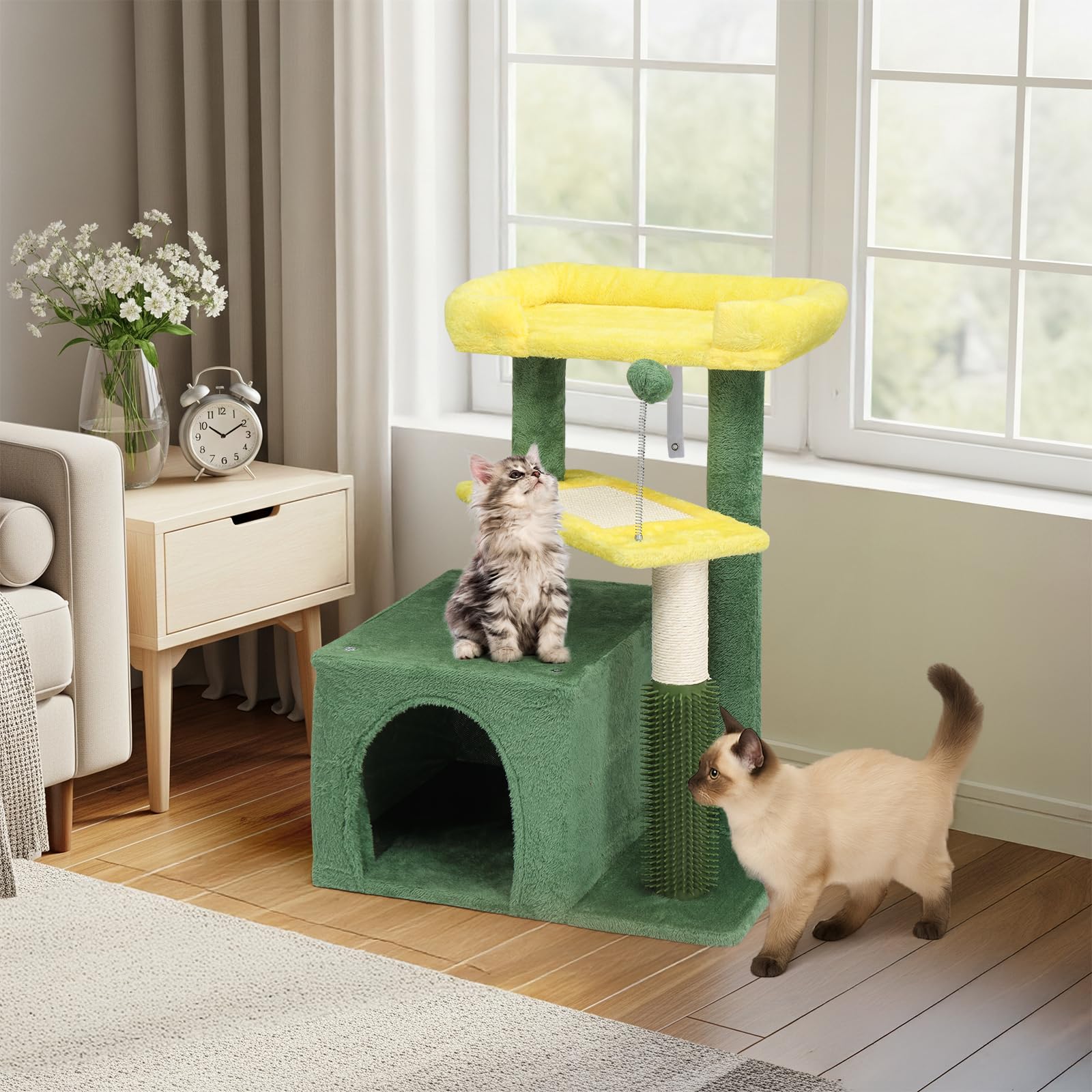 VINGLI Cat Tree, 27 inch Small Cat Tower with Scratching Post and Pad, Cat Condo for Indoor Kittens Padded Top Bed, Cats Indoor Activity Center (Yellow & Green)