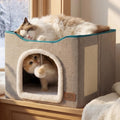 Bedsure Cat House Bed for Indoor Cats with Fluffy Ball and Scratch Pad,Grey