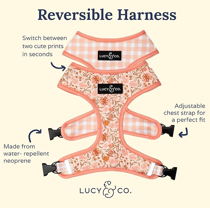 Lucy & Co. Reversible Dog Harness - Water-Repellent Neoprene, Dual-Print Design, Easy Swap Style, Adjustable Comfort Fit - Woodland Wildflowers Reversible Harness - Large