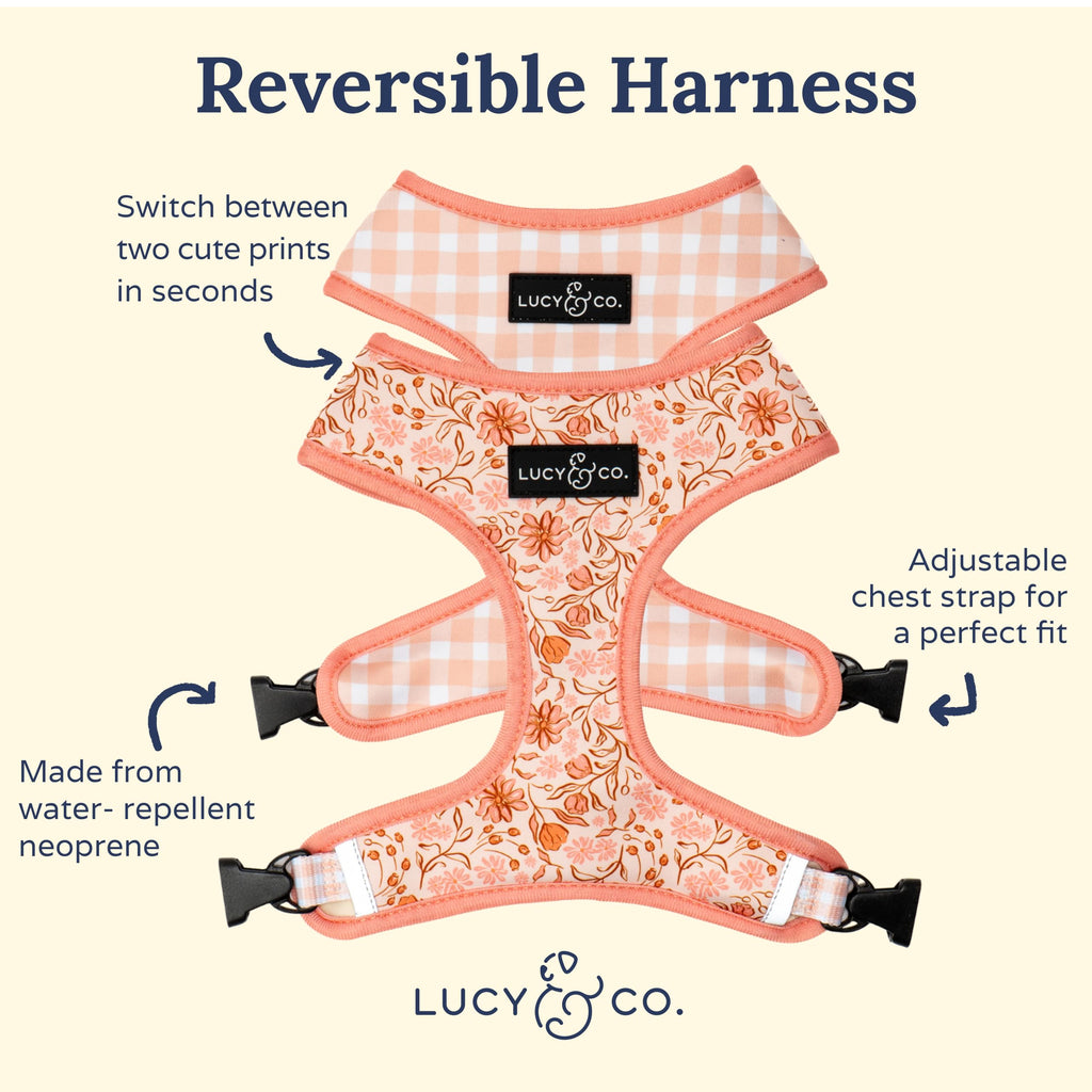 Lucy & Co. Reversible Dog Harness - Water-Repellent Neoprene, Dual-Print Design, Easy Swap Style, Adjustable Comfort Fit - Woodland Wildflowers Reversible Harness - Small