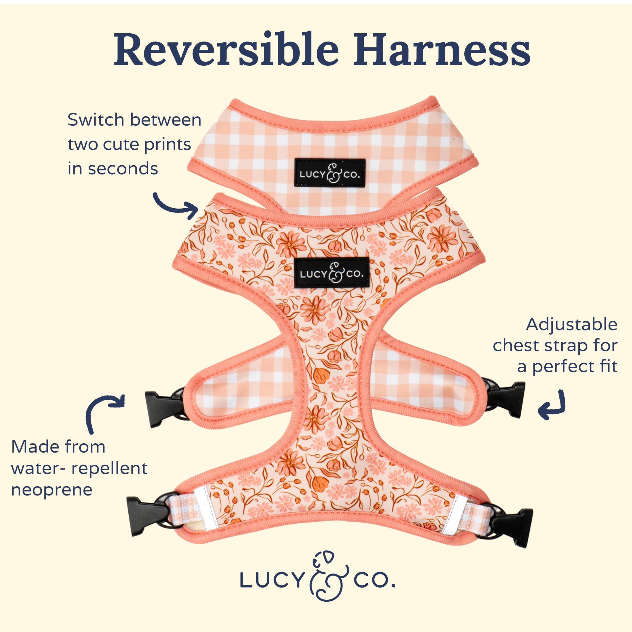 Lucy & Co. Reversible Dog Harness - Water-Repellent Neoprene, Dual-Print Design, Easy Swap Style, Adjustable Comfort Fit - Woodland Wildflowers Reversible Harness - Small
