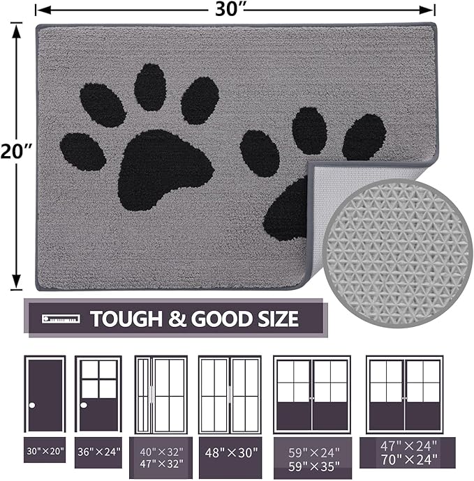 Buganda Dog Door Mat for Muddy Paws, Absorbent Dirt Trapper Washable Indoor Doormats, Non Slip Low-Profile Mud Mat for Dogs, Front Entrance Doormat for Inside Floor (47x24 Inches, Grey)
