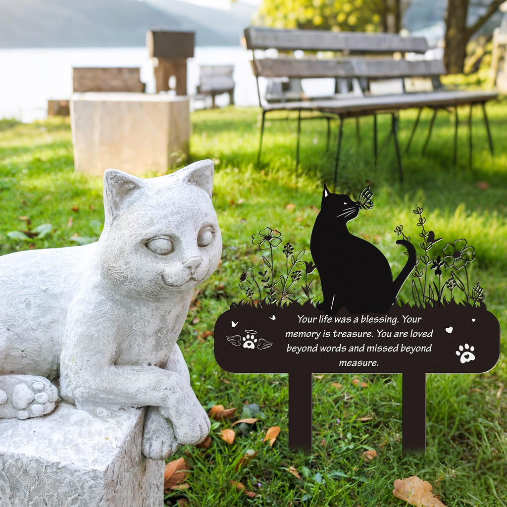 Pet Cat Memorial Grave Markers - Rngmsi Flowers Butterfly Cat Metal Garden Stakes Grave Decorations for Cemetery Pussy Memorial Stones Plaques for Outdoors