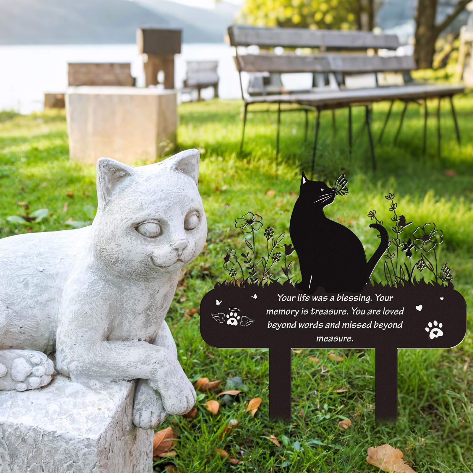 Pet Cat Memorial Grave Markers - Rngmsi Flowers Butterfly Cat Metal Garden Stakes Grave Decorations for Cemetery Pussy Memorial Stones Plaques for Outdoors
