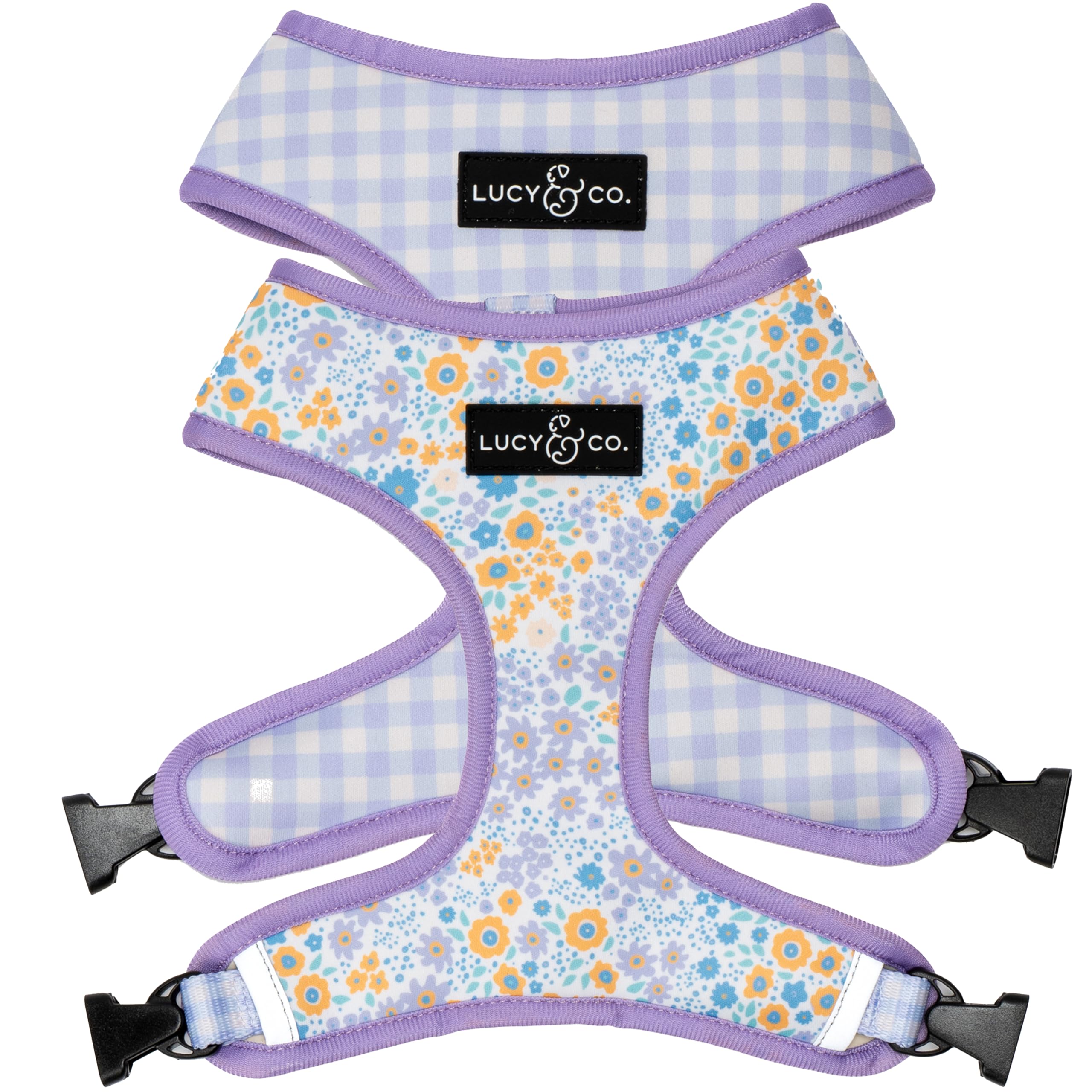 Lucy & Co. Reversible Dog Harness - Water-Repellent Neoprene, Dual-Print Design, Easy Swap Style, Adjustable Comfort Fit - Among Wildflowers Reversible Harness - X-Large