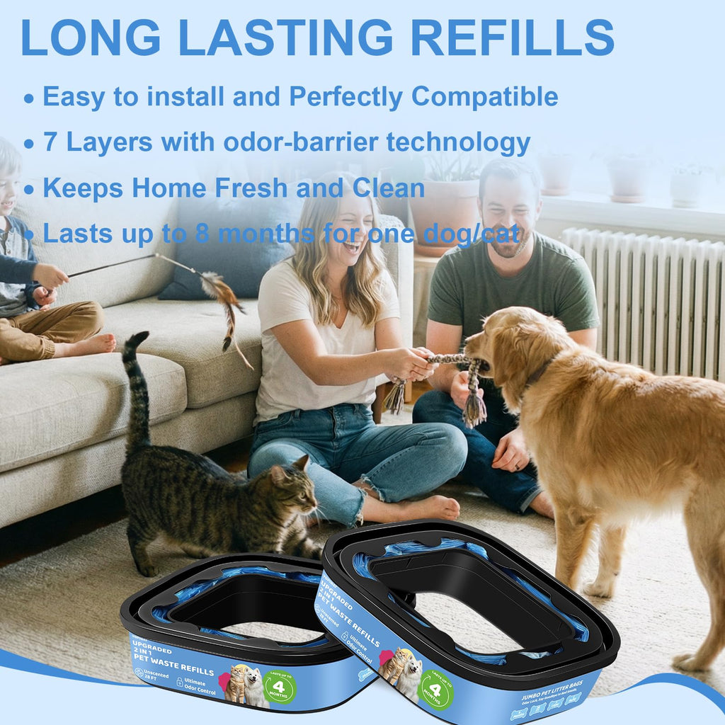 Genie Refill Bags for Cat Dog 2 Pack - Total 56FT Lasts Up to 8 Months - 2026 New Superior Odor Control for Dog Poop Cat Litter Bags - Pet Waste Refill Bags Fits Pet Genie and Litter Genie Pails