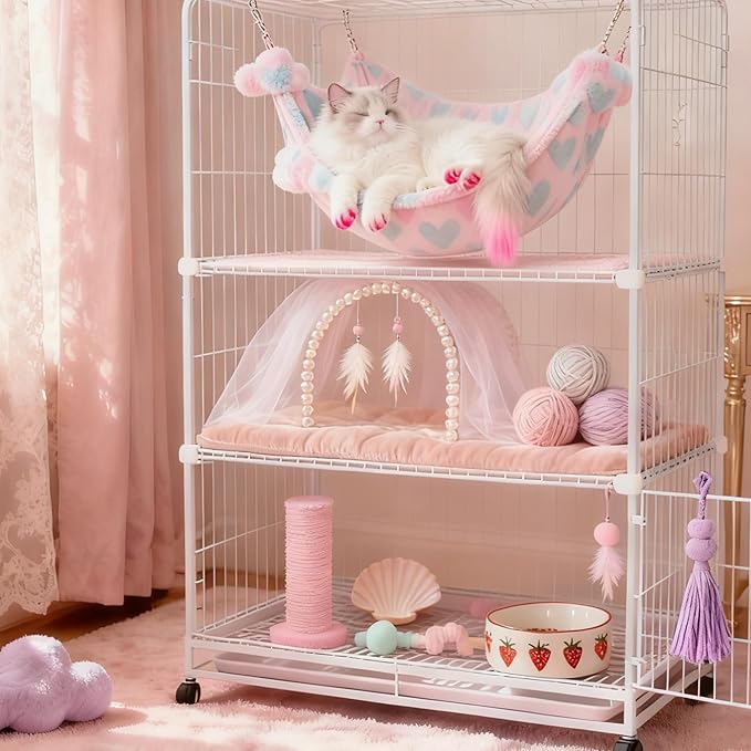 OINEEDU Guinea Pig Ferret Hammock for Cage - Machine Washable Double-Decker Hanging Bed - Fits Sugar Glider,Fancy Rat,Hamster,Gerbil - 13.3" x 13.3" - Love Pink Pattern