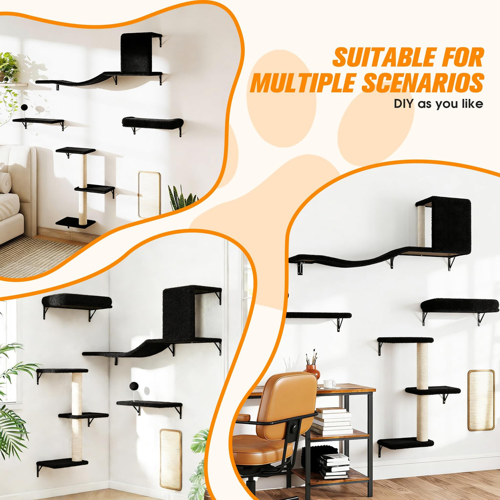 COZIWOW 5Pcs Wall Mount Cat Tree & Shelf Furniture for Large Cats, Black