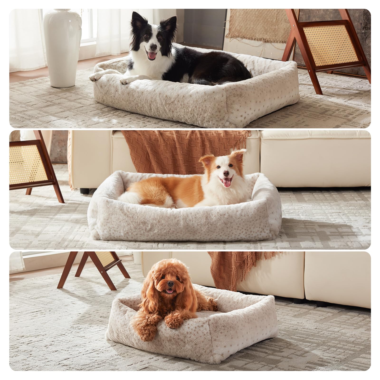 JOEJOY Large Dog Beds Large Sized Dog, Removable Washable Cover Orthopedic Soft Faux Rabbit Fur Pet Bed, Anti-Slip Fluffy Plush Faux Rabbit Fur Puppy Bed, 36"x27"x8", Leopard Print, Beige