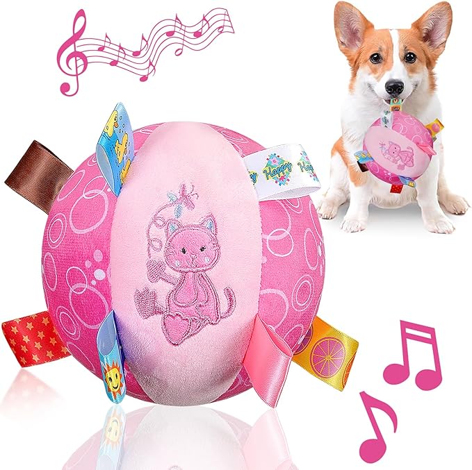Letalong Dog Squeaky Plush Toy with Straps, 6-Inch Soft Stuffed Ball with Cotton Material and Bell Built-in, Pet Interactive Fetch Toy for Small to Large Dog