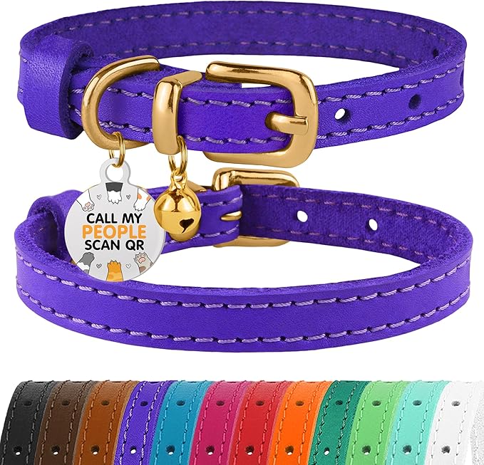 BRONZEDOG Leather Cat Collar with Removable Bells Non Breakaway Kitten QR Tag for Girl Boy (7" - 9" for Cats