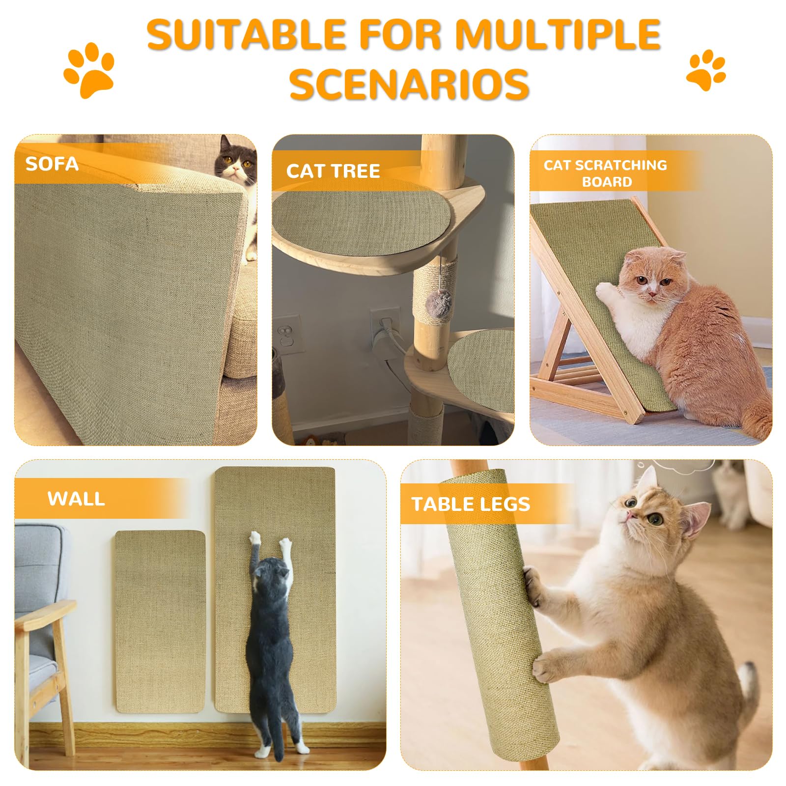 Jute 78.7"x15.8" Trimmable Cat Scratching Mat for Furniture Protector,Versatile Self-Adhesive Anti Cat Scratch Pad for Couch Protection&Cat Scratcher Tree/Post/Wall/Board/Twine Replacement