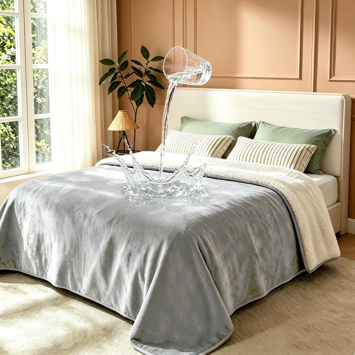 gogobunny Waterproof Bed Blanket, Reversible Sherpa Fleece Throw Blanket for Dog Puppy Cat, Furniture Cover Protects Bed Couch Sofa from Liquid Pee and Pet Fur (Cream, 90x108 inches)