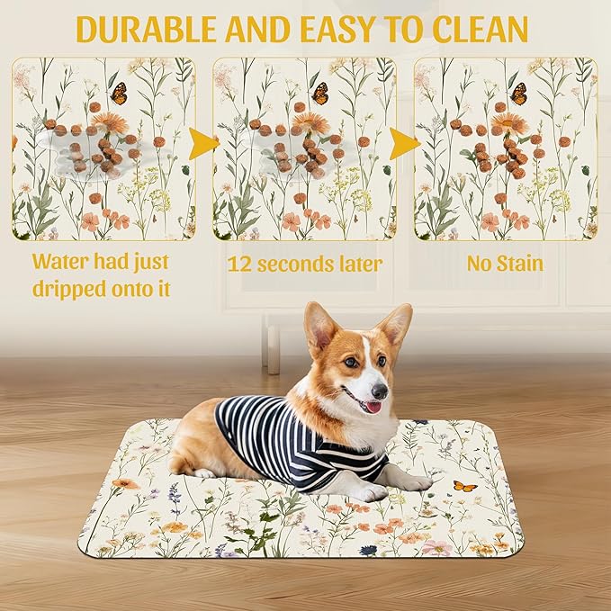 Vintage Wildflowers Herbs Pet Feeding Mat, Absorbent Bowl Pad, Quick Dry, Non-Slip Base, No Stains – 16x24 Inch