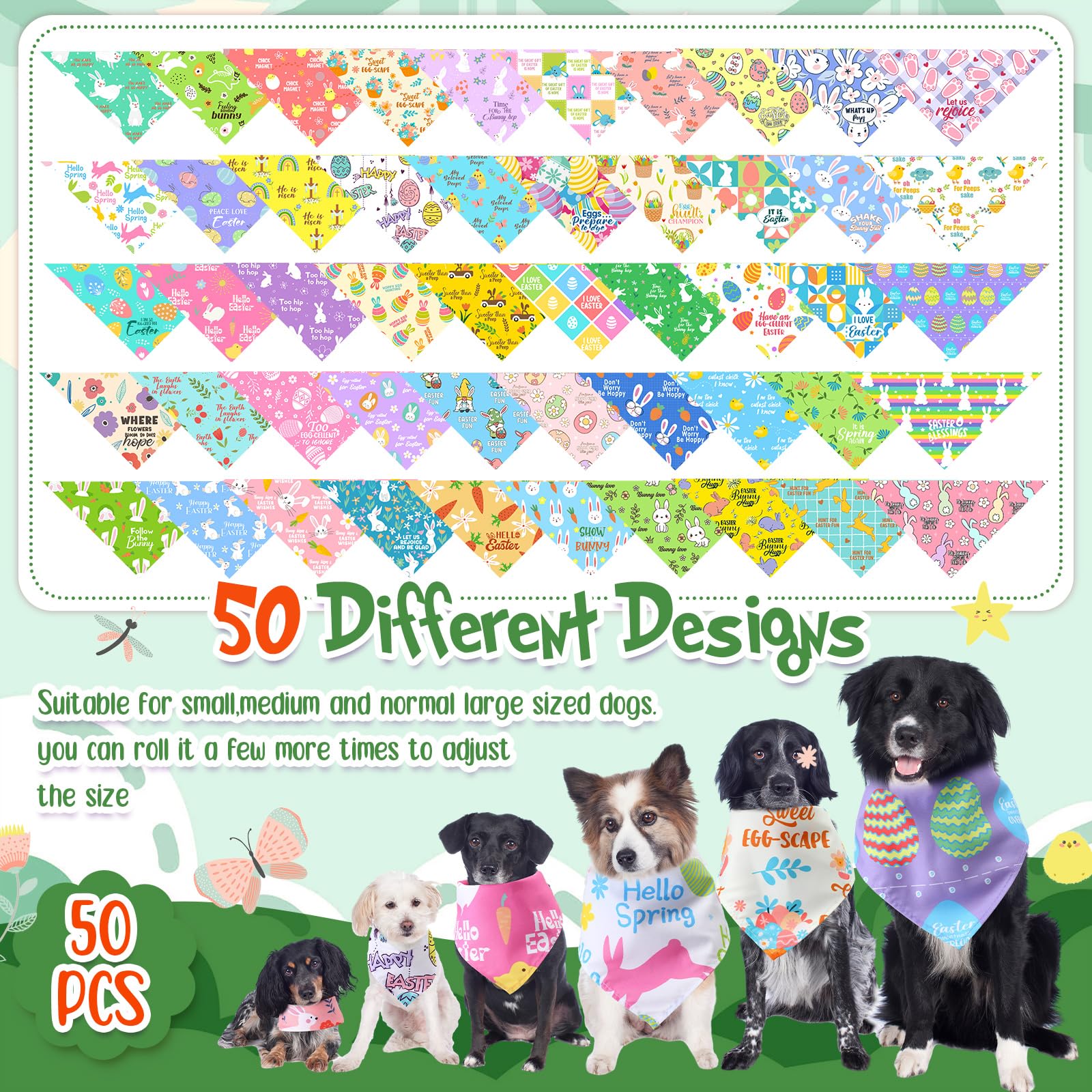 Chunful 50 Pcs Easter Bandanas for Dog Pet Bandanas Bulk Dog Triangle Scarf Bib Seasonal Pet Costume Adjustable Cat Outfit Washable Bids Kerchief for Small Medium Puppy