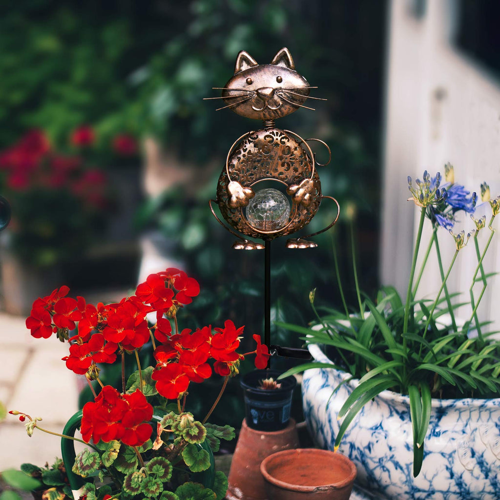 KAIXOXIN Garden Solar Lights Metal Cat Crackle Glass Globe Stake Light Waterproof Warm White LED Solar Path Lights (Cat-Bronze)