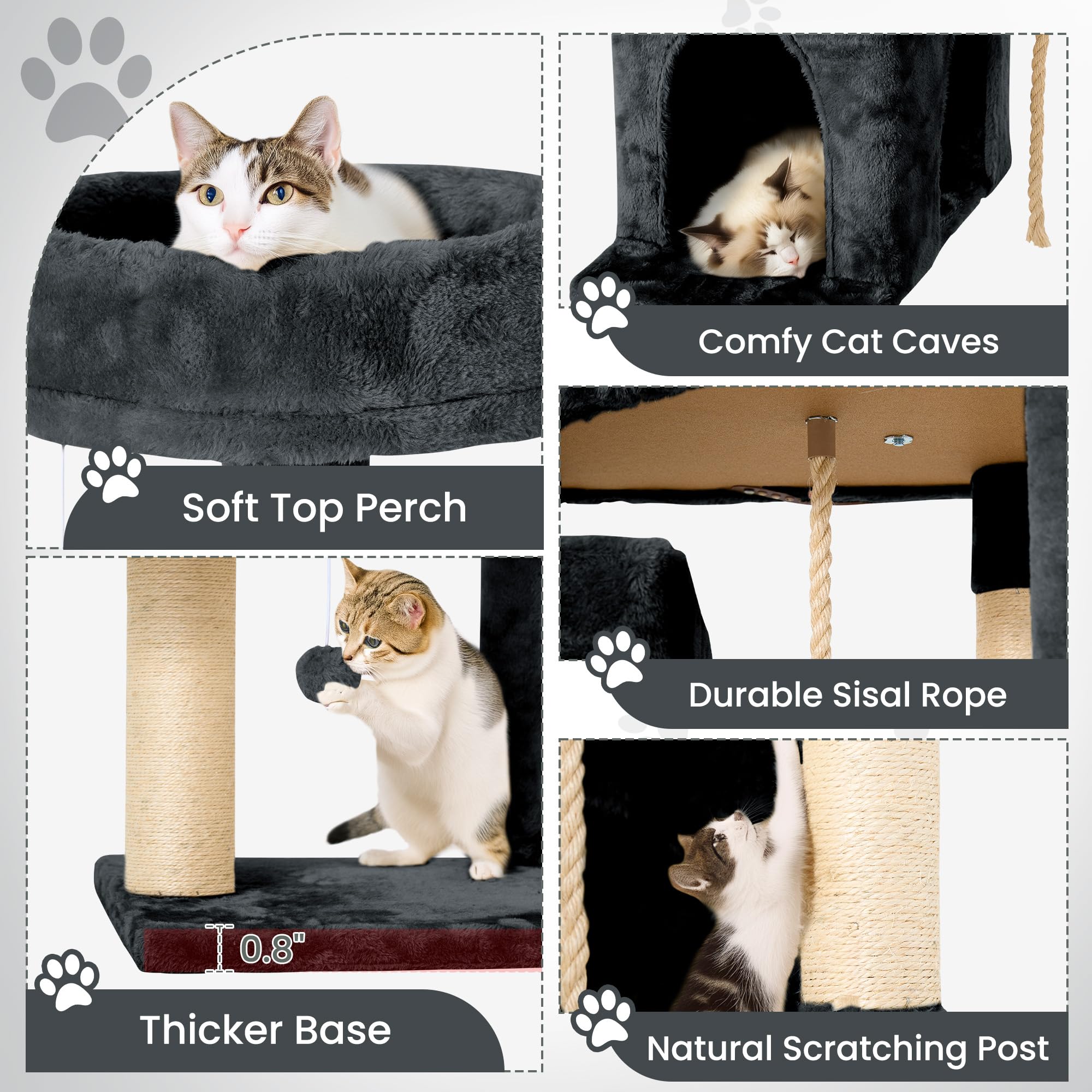 TSCOMON 58.5inch Large Cat Tree Tower Condo for Indoor Cats, Soft Plush Multi-Level Climbing Tree Cat House with Cat Cave, Scratching Post, More Entrance/Exit, Sisal Rope, Grey Black