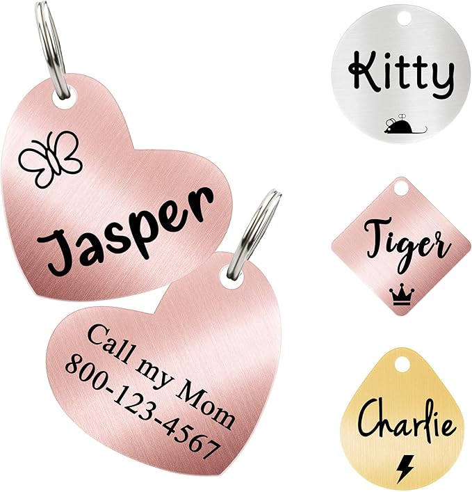 Ultra Joys Cat ID Tag Personalized Pet Tags, Durable Stainless Steel Small Pet Mini Dog Cat Tag Lightweight -Heart Tag in Rose Gold