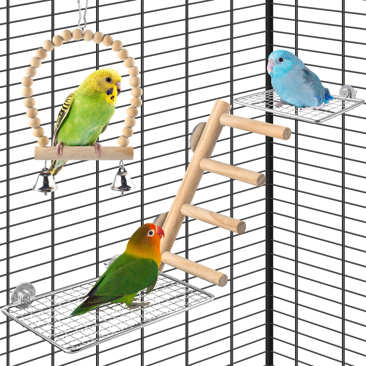 DBNESS 4Pcs Bird Perches Toys, Stainless Steel Perch Platform (2 Sizes), Natural Wood Parrot Climbing Ladder & Swing with Bell, Play Gym Cage Accessories for Budgie Cockatiel Lovebird Canary Conure