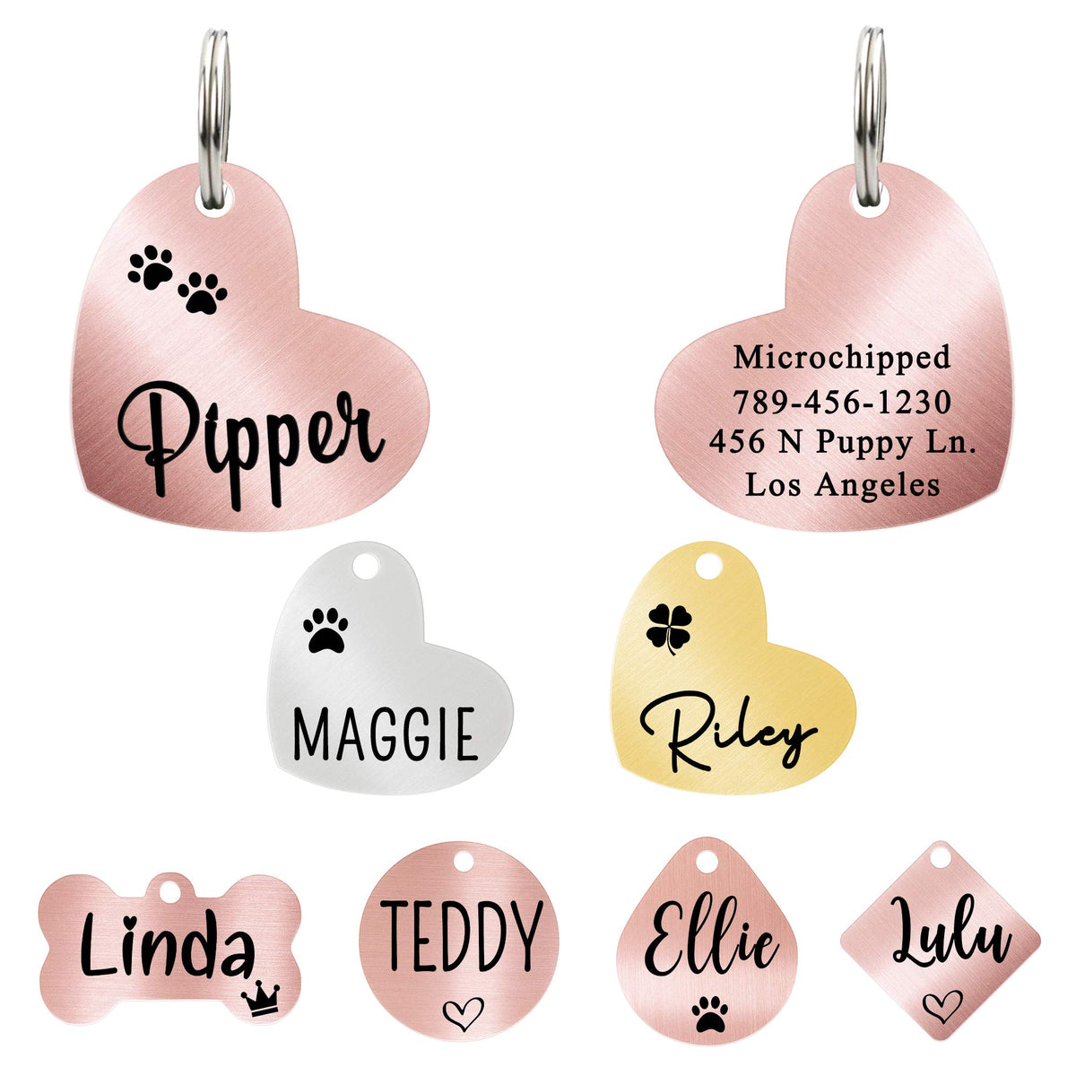 Ultra Joys Custom Personalized Pet ID Tag - Brushed Stainless Steel Heart in Rose Gold, Large