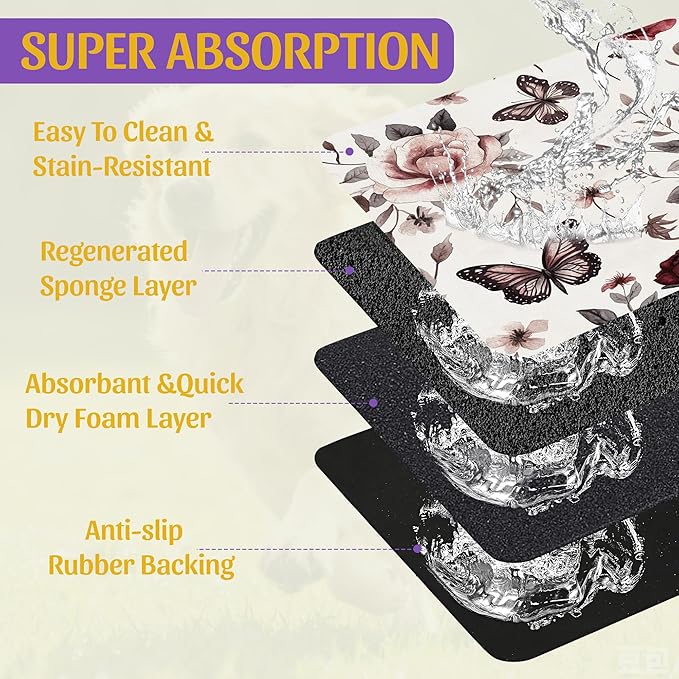 Vintage Flower Butterfly Dog Cat Food Mat, Absorbent Feeding Placemat, Waterproof Non-Skid Bottom – 16x24 Inch
