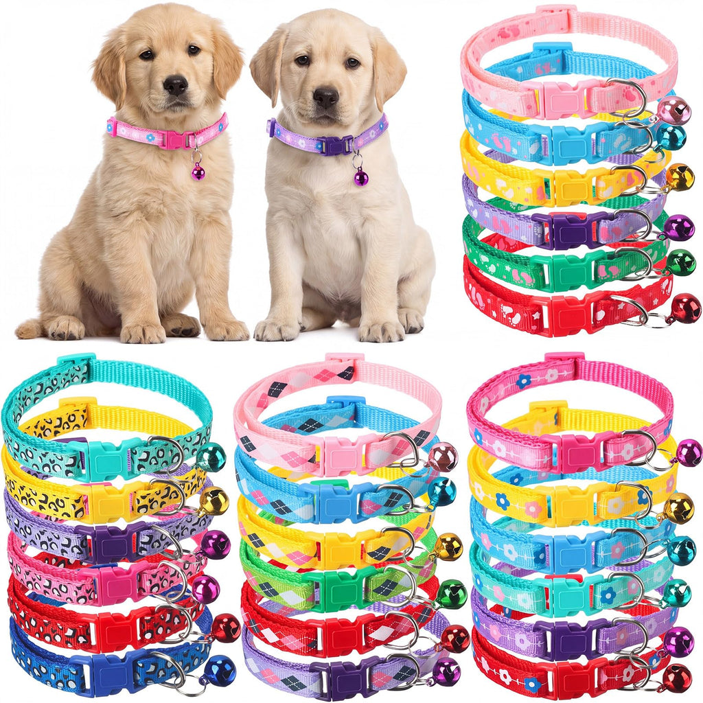 Yunsailing 24 Pcs Dog Collars with Bells for Litter Dog Puppy Soft Nylon Whelping Adjustable Reflective Kitten Collars for Newborn Pets Dogs, Assorted Colors(Cute Pattern)