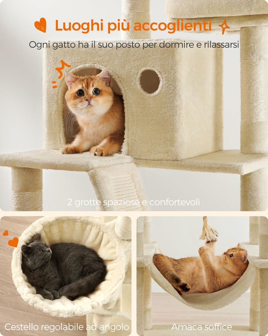 Feandrea Cat Tree, 81.1-Inch Large Cat Tower, Multi-Level Plush Condo with 13 Scratching Posts, 2 Perches, 2 Caves, Basket, Hammock, Pompoms, Beige UPCT190M01