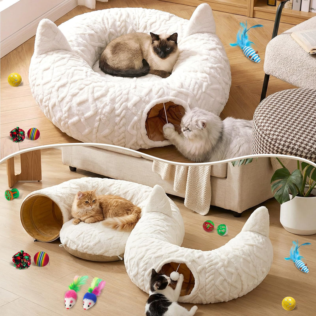 White Plush Christmas Cat Tunnel Tree Skirt with 11Pcs Interactive Cat Toys