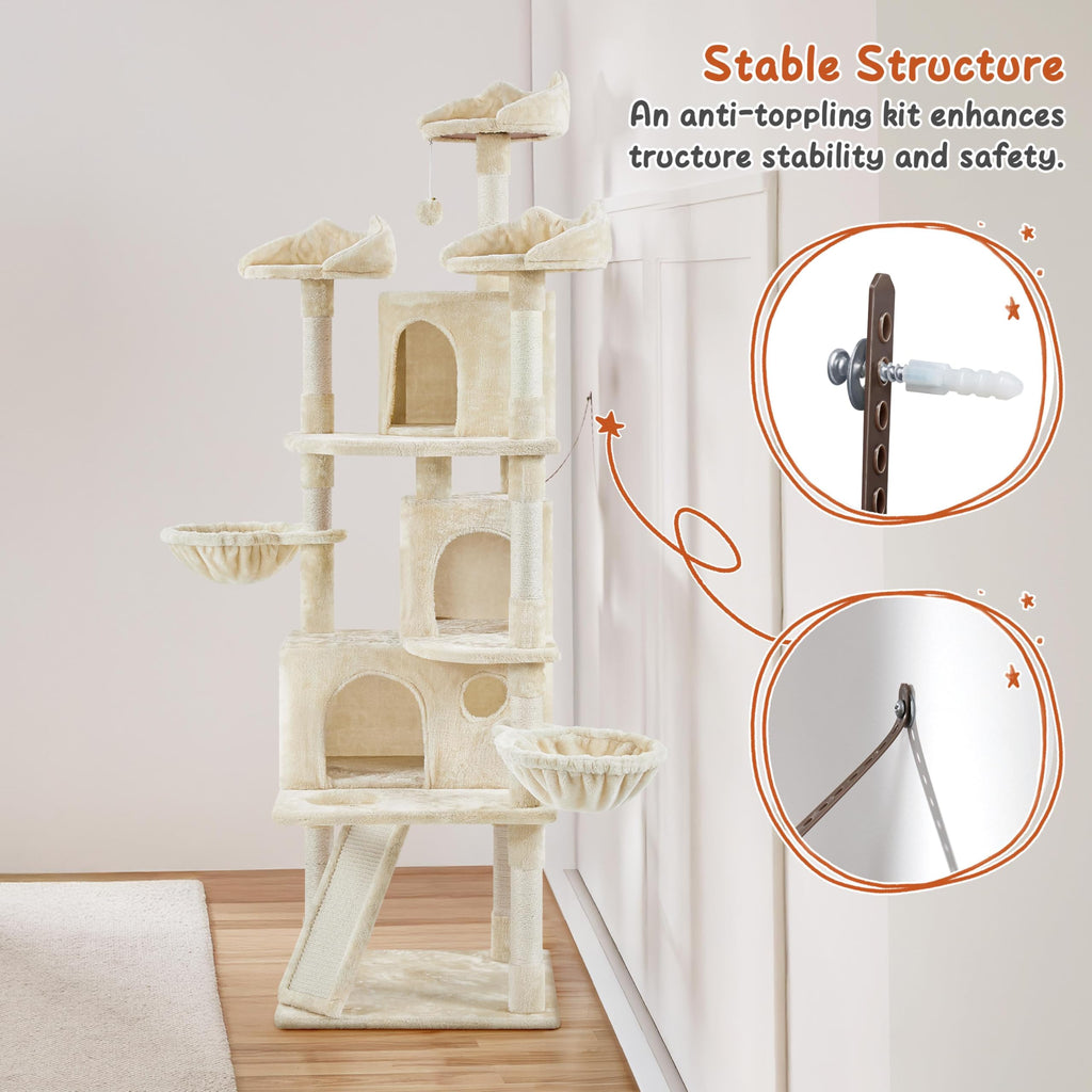 Yaheetech 76.5in Multi-Level Large Cat Tree, Big Cat Tower with 3 Condos, Cozy Plush Perches, 9 Sisal Scratching Posts and Ladder, Activity Center for Large Kitties, Beige