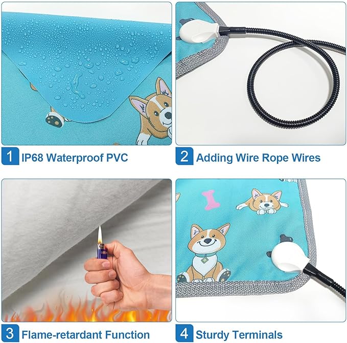 Cat Heating Pad,22x18 in Heated Cat Bed,Adjustable Thermostat+Constant On Function,with Metal Protective Tube Waterproof Puppy Heating Pad - Blue