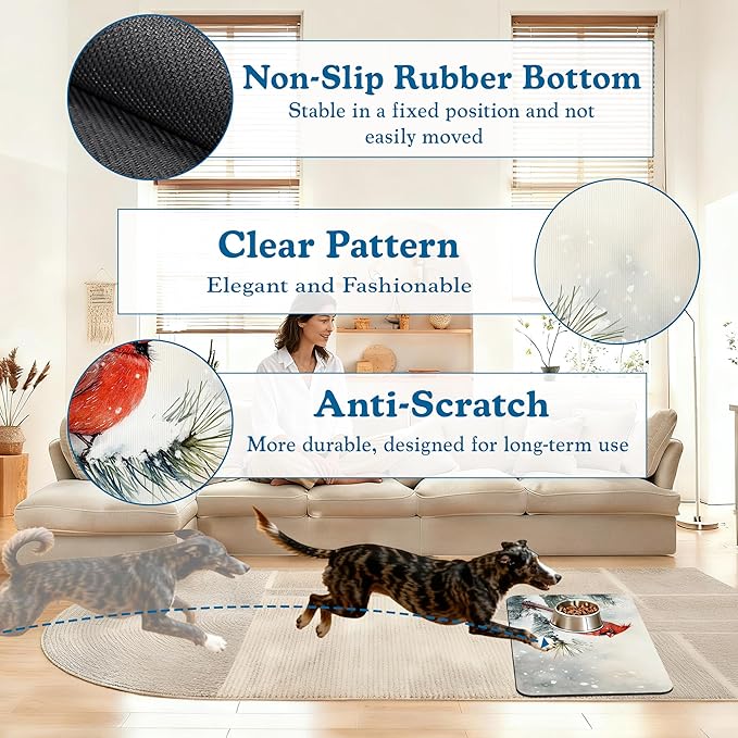 Cardinal Bird Dog Food Mat–Chirstmas Snow Absorbent Quick Dry Feeding Placemat for Food and Water Bowls, Non Slip Rubber Backing, Waterproof Pet Supplies for Mess-Free Eating 16"x24"